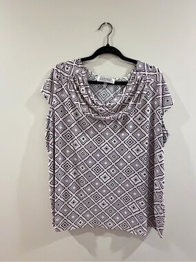 Kasper White and Black Geometric Cowl Neck Blouse
